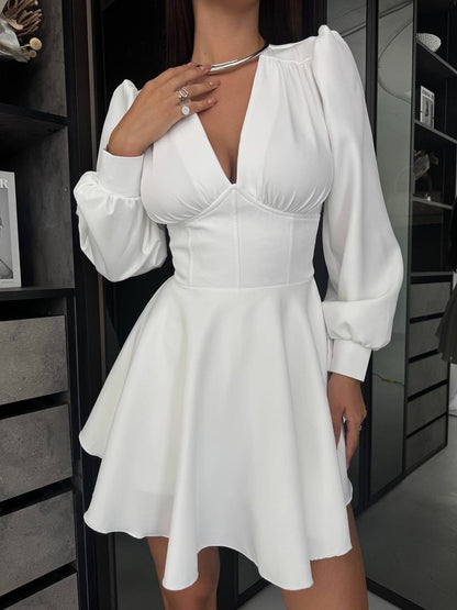 V-neck Puff-sleeve High-waisted A-line Elegant Dress