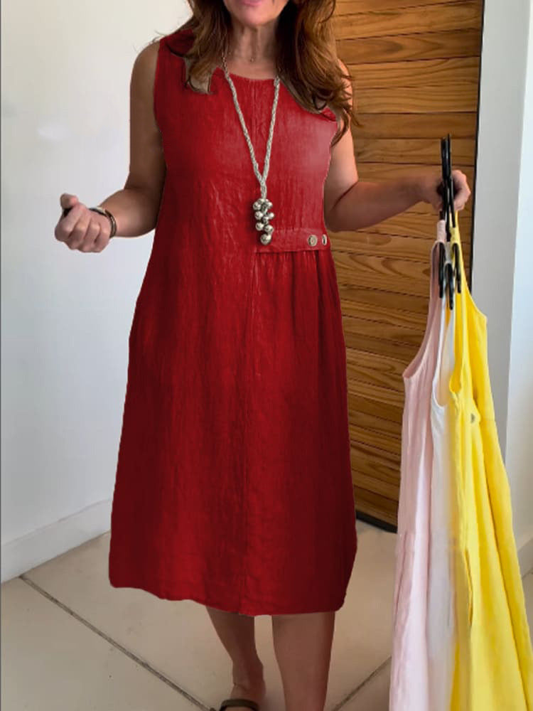 Womens Cotton-Linen Sleeveless Crew-Neck Dress With Buttoned Pockets, Western Style