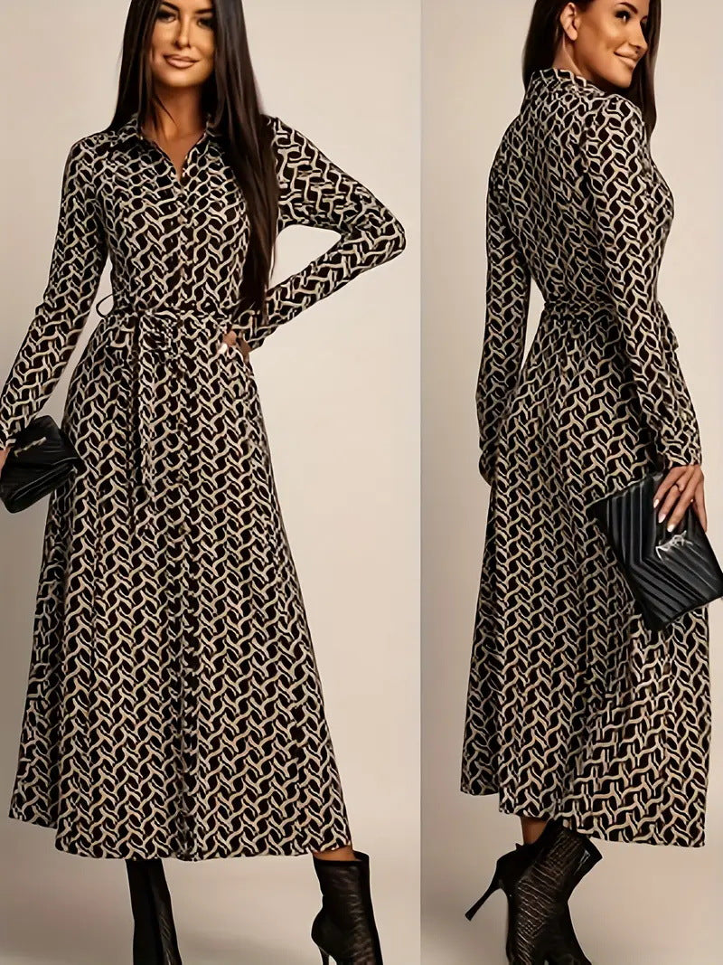 European And American-style Long-sleeve Waist-cinched Printed Dress