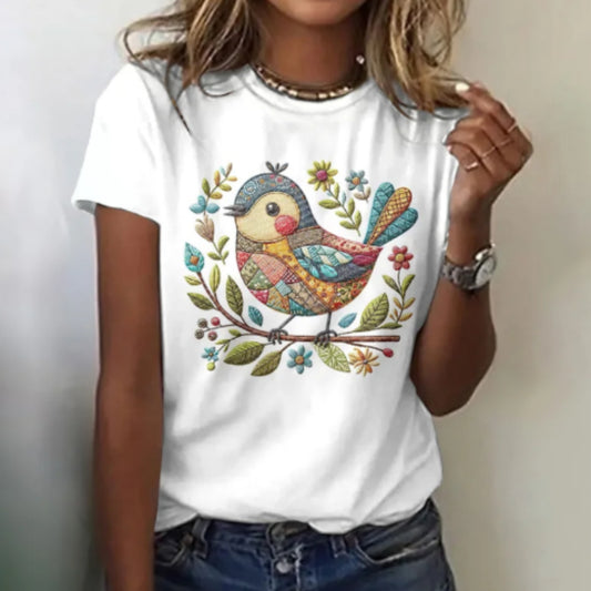Women's Vintage Bird And Floral Art Casual T-shirt