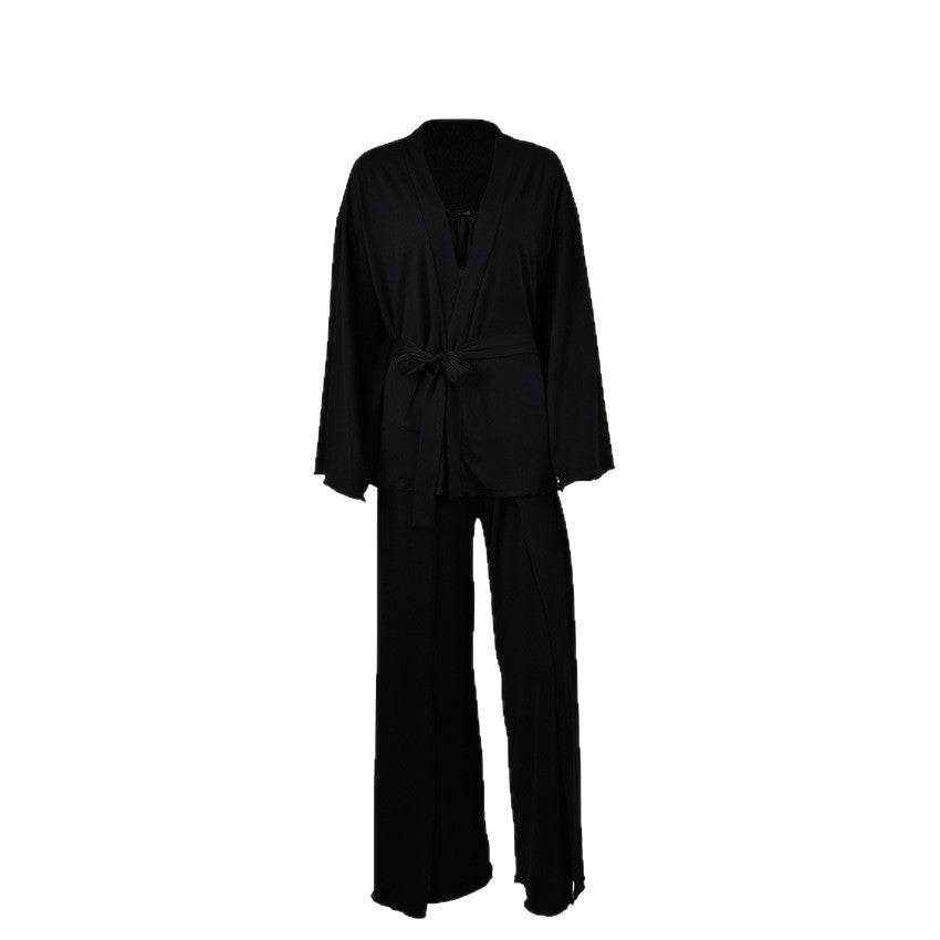 Womens Pajama Set Knitted Underwear With Ruffle Trim Robe And High-Slit Pants