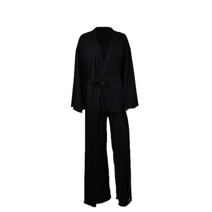 Womens Pajama Set Knitted Underwear With Ruffle Trim Robe And High-Slit Pants