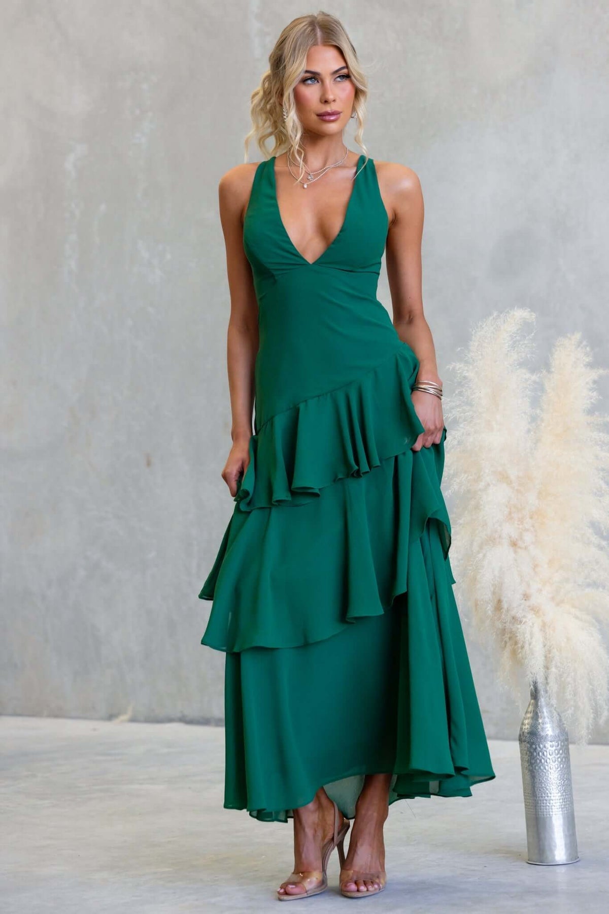 V-neck Solid Color Cake Splicing Long Backless Lace Up Dress