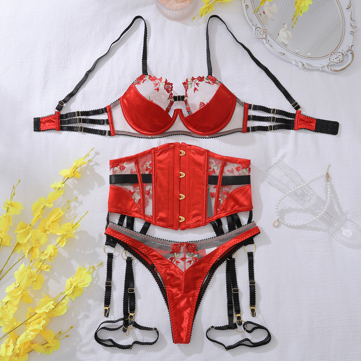 Women's Rose Embroidered Underwear Split Suit