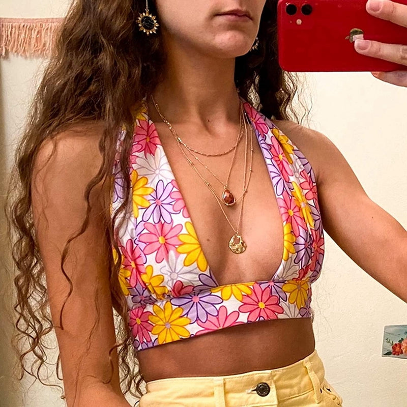 Women's Slim Fit V-Neck Print Strap Tube Top