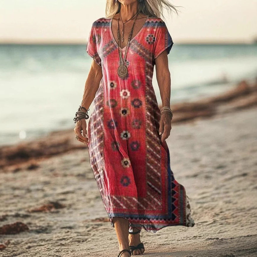 Creative Floral Womens V-Neck Short-Sleeve Dress