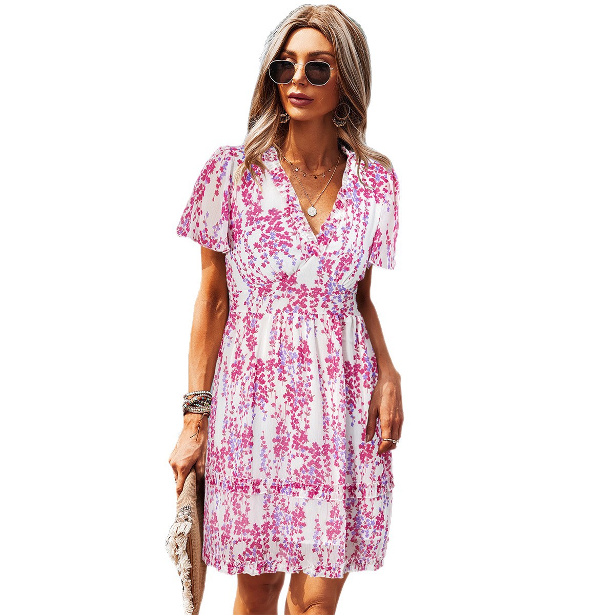 Womens Casual Vacation Short-sleeve Floral Dress