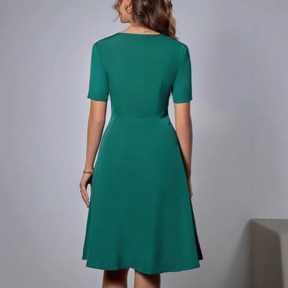 New V-neck Single-breasted Solid Color Dress