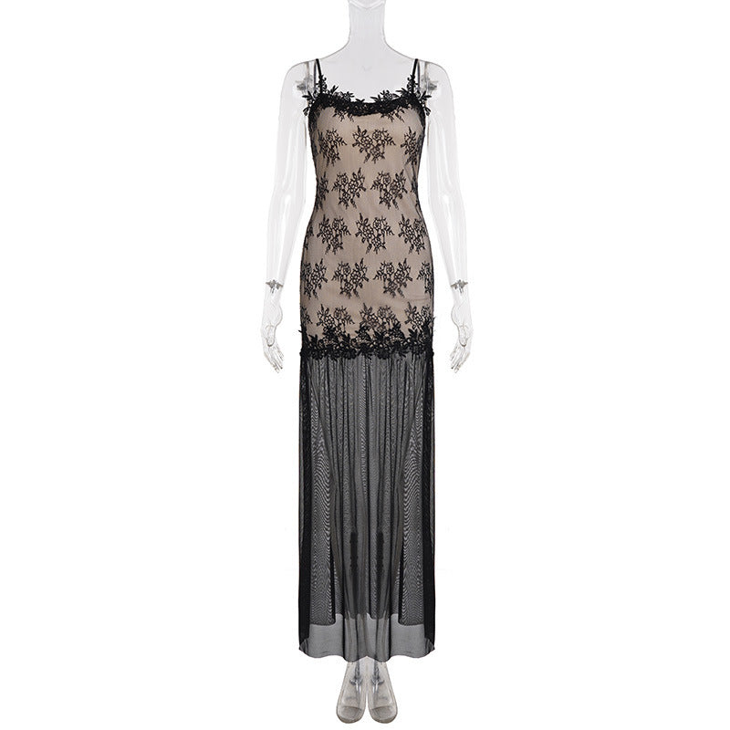 Spring New Arrival Stylish Color-Block Slip Dress With Lace Trim