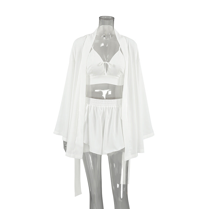 Chiffon Long-sleeved Sexy Underwear Slit Shorts Three-piece Pajamas