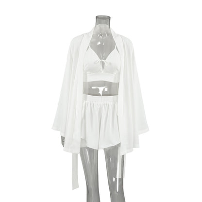 Chiffon Long-sleeved Sexy Underwear Slit Shorts Three-piece Pajamas