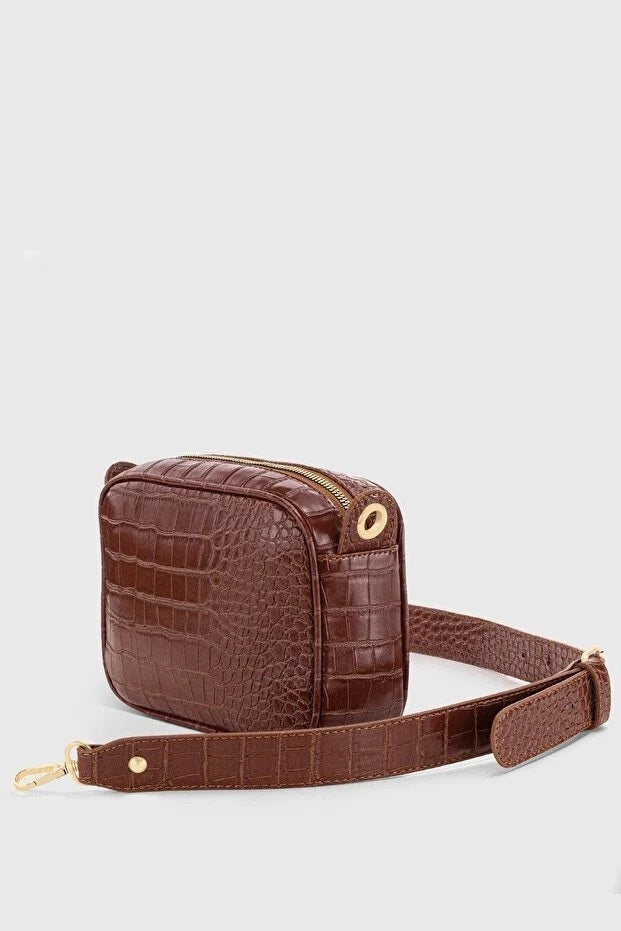 Brown Croc Embossed Crossbody Bag