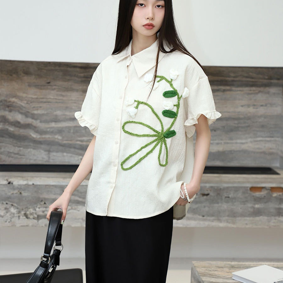 Women's Spring Hand-knitted Floral Decorations Short Sleeve Shirt Top