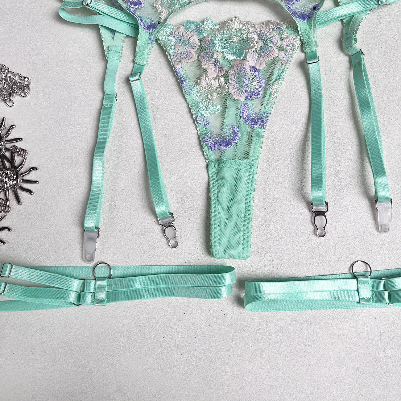 Embroidered Lace Up Suspender Underwear Set