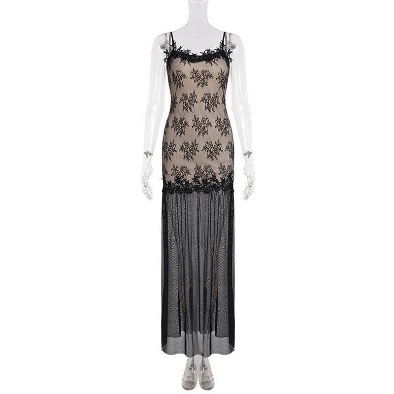 Spring New Arrival Stylish Color-Block Slip Dress With Lace Trim