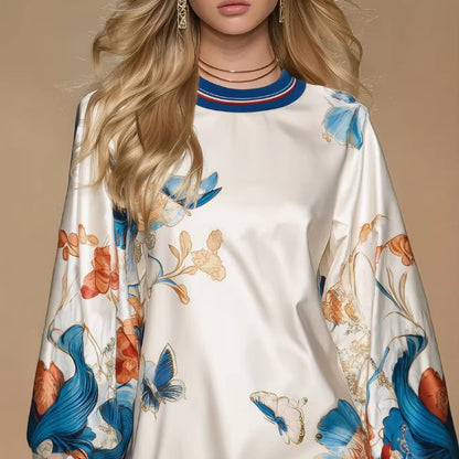Satin Positioning Printed Lantern Sleeve Dress