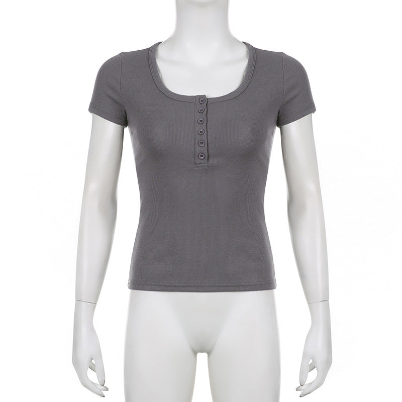 Breasted Thread Thin Knitted Base Pure Color Casual Versatile Short Sleeve