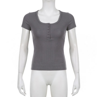 Breasted Thread Thin Knitted Base Pure Color Casual Versatile Short Sleeve