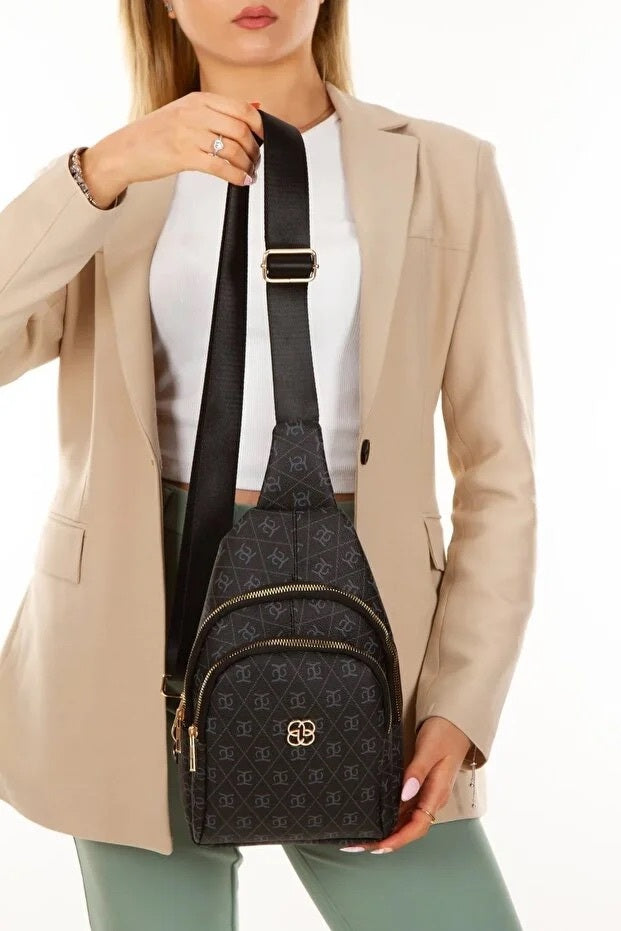Women Black Leather Monogram  Shoulder Bag