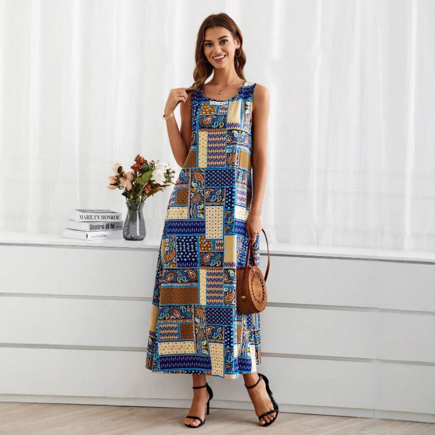 National Style Patchwork Print Dress With A Casual V-neck Design