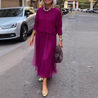Womens French-Style Retro Elegant Casual Patchwork Solid-Colored Mesh Dress