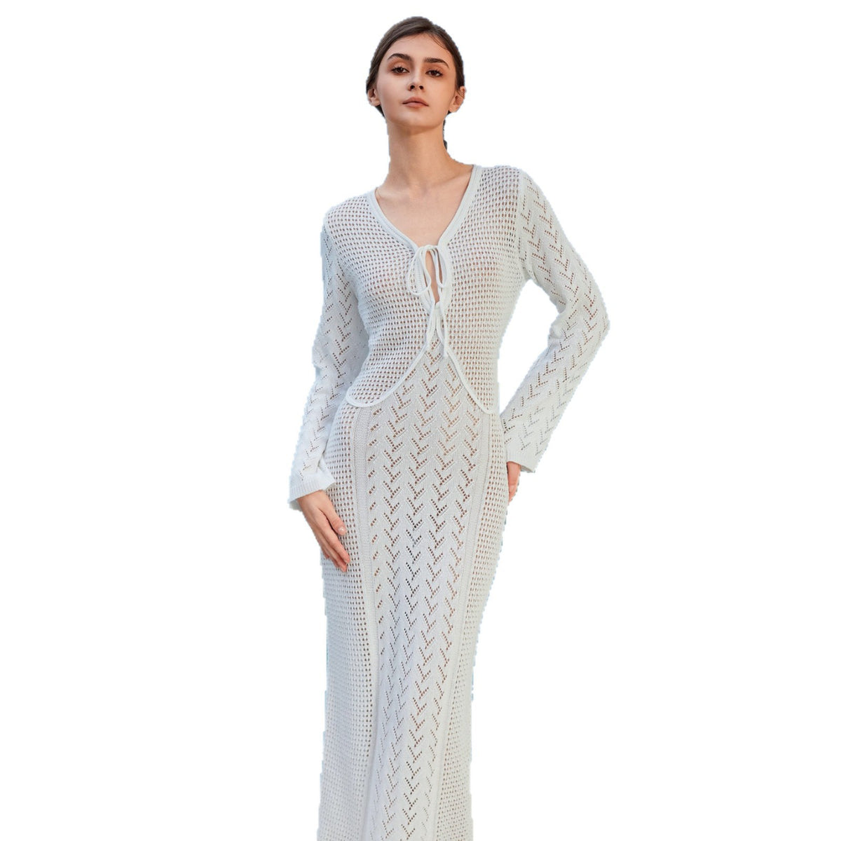 Womens Solid-Color Sexy Knitted Hollow-Out Dress