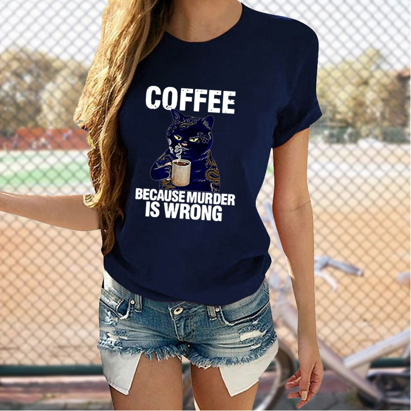 Cat Cute Print T-shirt Round Neck Short Sleeve Top