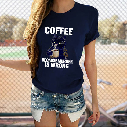 Cat Cute Print T-shirt Round Neck Short Sleeve Top