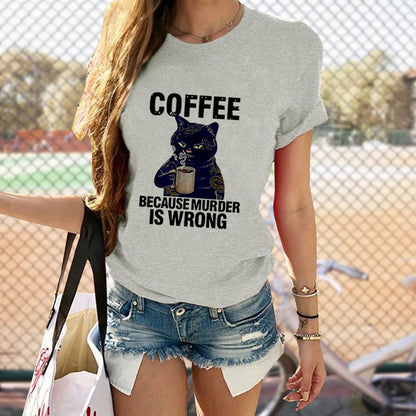 Cat Cute Print T-shirt Round Neck Short Sleeve Top