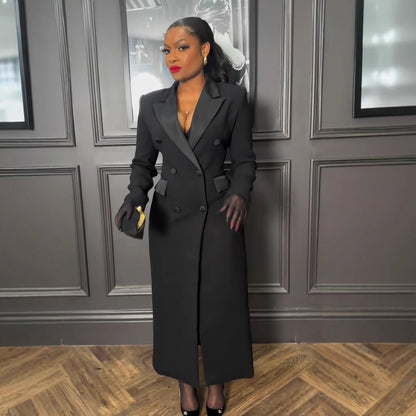 Sexy Elegant Long Blazer Dress With A Notched Collar And A Fitted Waist
