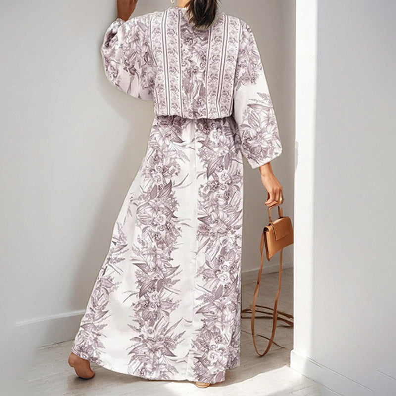 Deep V Bat Sleeve Waist Cinching Printed Slim Fit Dress
