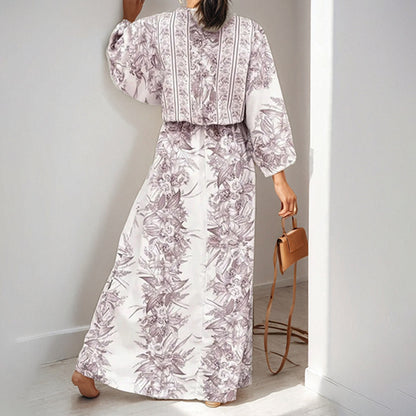 Deep V Bat Sleeve Waist Cinching Printed Slim Fit Dress