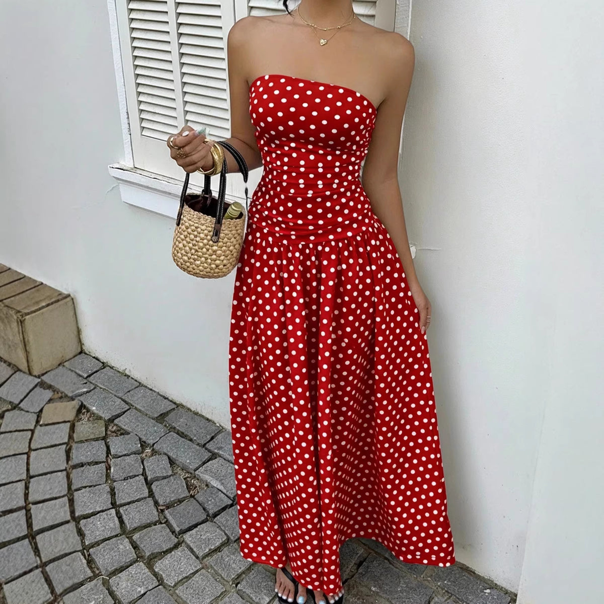 Off-the-shoulder Polka-dot A-line Waist-cinched Figure-flattering Dress