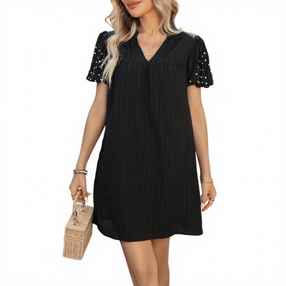 Beaded Tube Skirt Lantern-sleeve Short-sleeve Black Dress