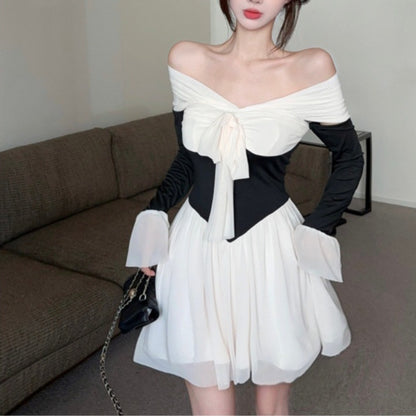 Womens Court-Style Off-the-Shoulder Flared-Sleeve Dress