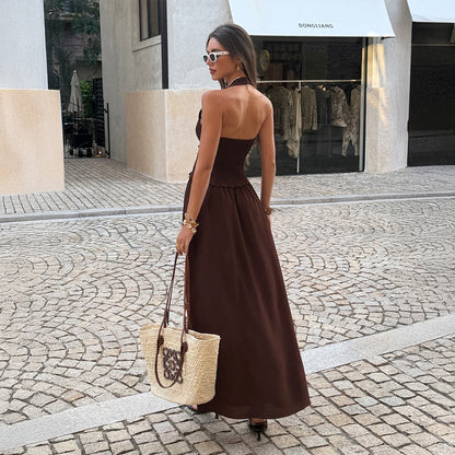 Resort-style Halter V-neck Belted Dress