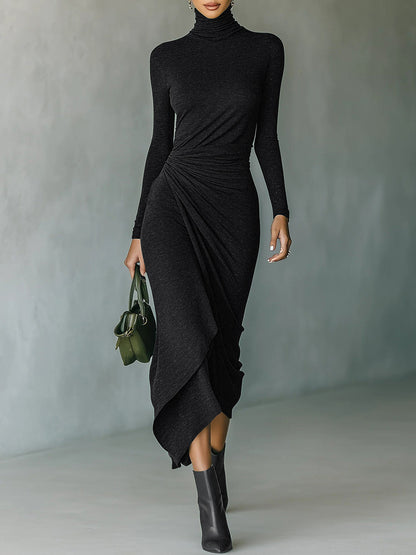 Womens High Neck Defined Waist Asymmetrical Wrap Dress