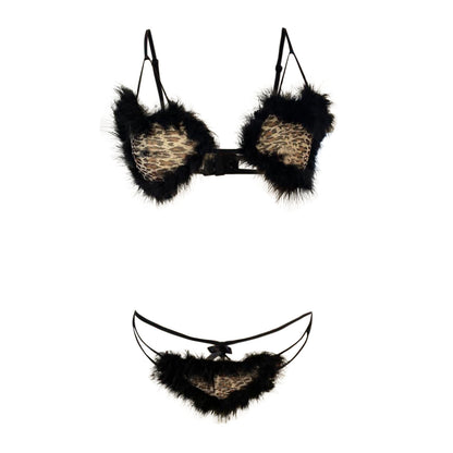 European And American Women's Three-point Leopard Print Underwear With Fur Suit