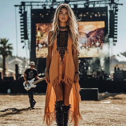 Denim-style Casual Patchwork Fringed Dress