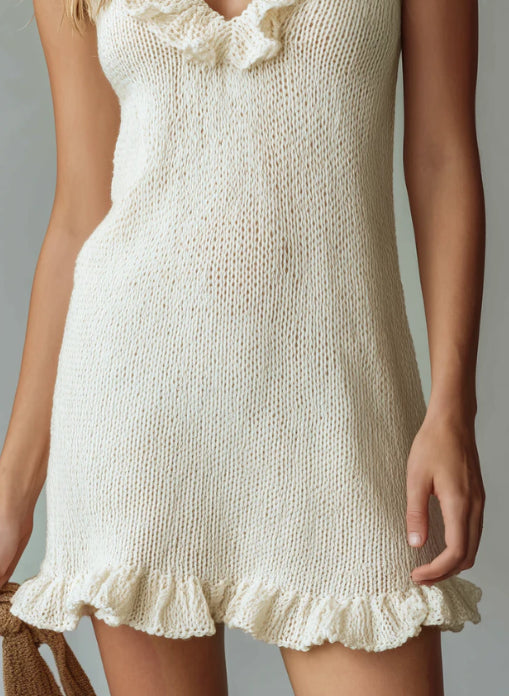 Lazy And Casual V-neck Sleeveless Ruffled Knitted Mini Dress