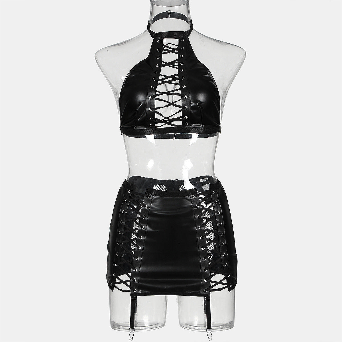 Fabric Leather Splicing Mesh Cross Strap Underwear Suit