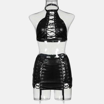 Fabric Leather Splicing Mesh Cross Strap Underwear Suit