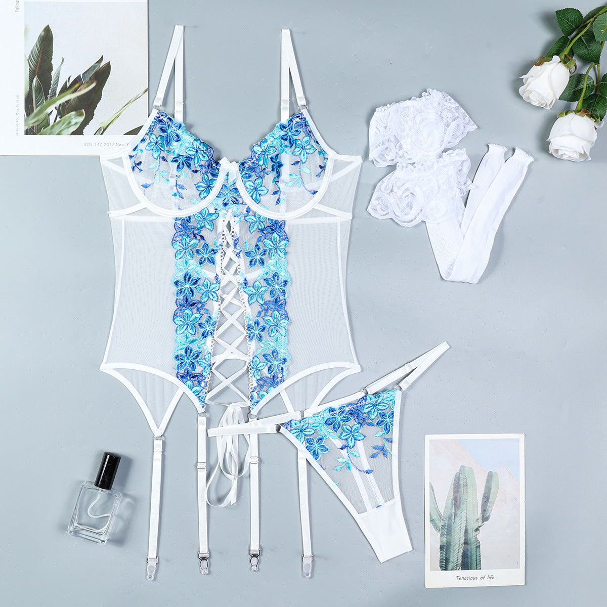 Embroidered Split Sexy Suspenders Underwear Overall Dress Suit Stockings Three-piece Set