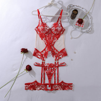 Gem Decoration Heavy Craft Rose Embroidered Slim Shaping Underwear Split Suit