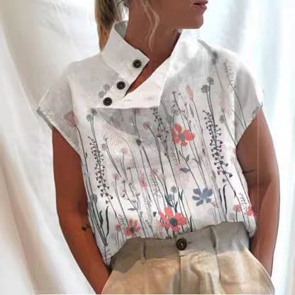 Women's Casual Stand Collar Short-sleeved Digital Printed Top T-shirt