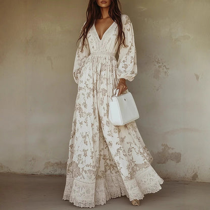 Casual Western-style AutumnWinter Long-Sleeve Printed Lace-Trimmed Dress