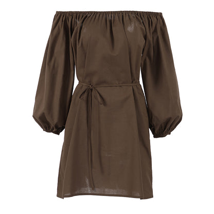 Brown Puff-sleeve Off-the-shoulder Pure Cotton Long-sleeve Dress