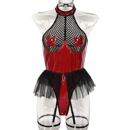 PU Patent Leather Large Grid Cross Pieced Hanging Neck Underwear