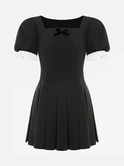 Womens Solid-Color French Square-Neck Slim-Fit Short-Sleeve Dress