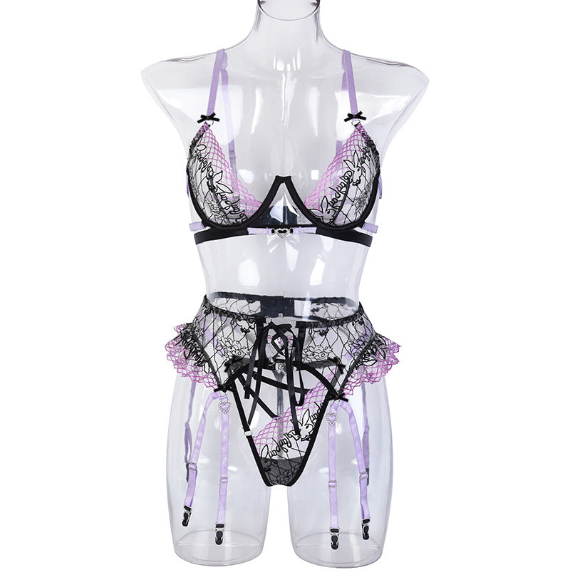 Ruffled Rabbit Flower Embroidery Complex Craft Hollow Out Underwear Three Piece Set